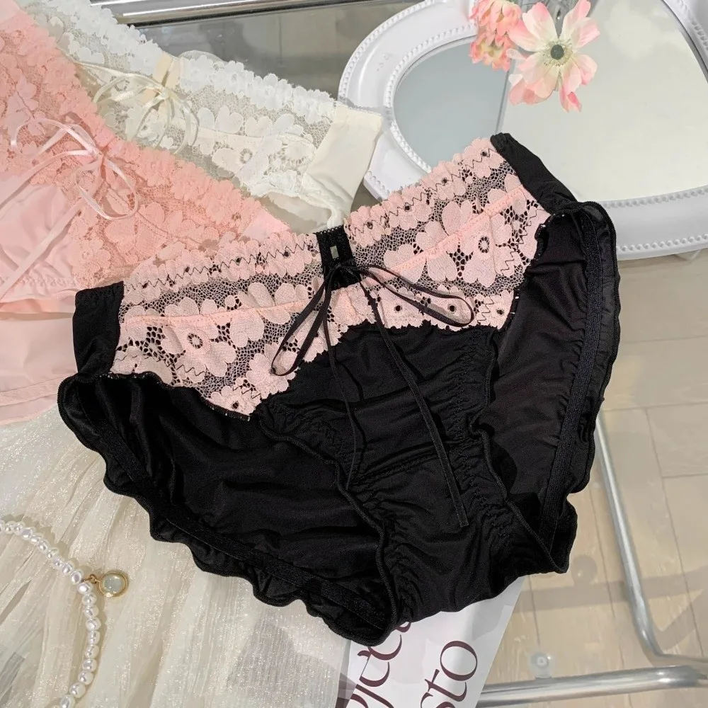 

Breathable Low Waist Mesh Lace Panties Sweet Lingerie Underwear for Women Ruffle French Style Lace Bow Briefs Girl