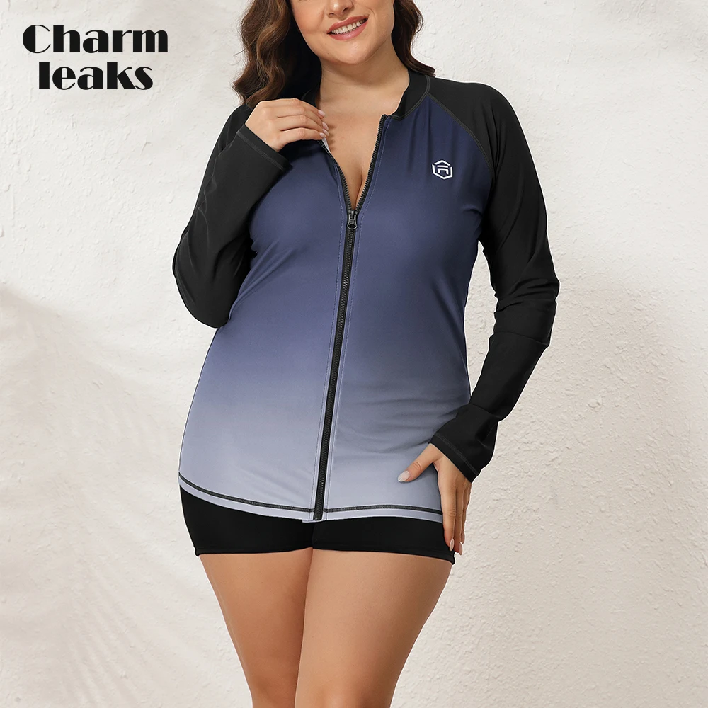 

Charmleaks Women Plus Size Rash Guard UPF 50+ Crew Neck Long Sleeves Zipper Gradients Color Quick Dry Soft Swimming Surfing Tops