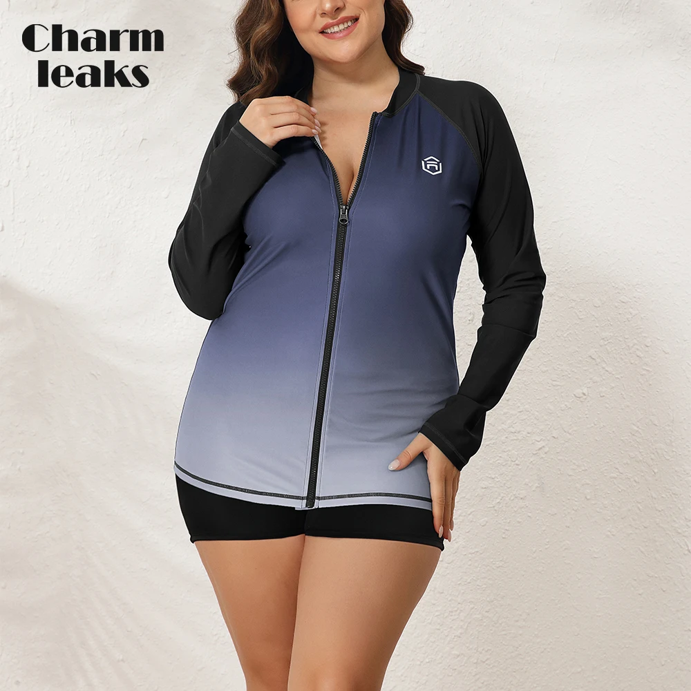 Charmleaks Women Plus Size Rash Guard UPF 50+ Crew Neck Long Sleeves Zipper Gradients Color Quick Dry Soft Swimming Surfing Tops