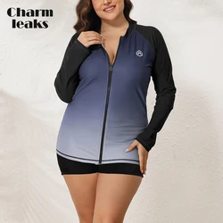 Charmleaks Women Plus Size Rash Guard UPF 50 + girocollo maniche lunghe Zipper gradienti colore Quick Dry Soft Swimming Surfing Tops