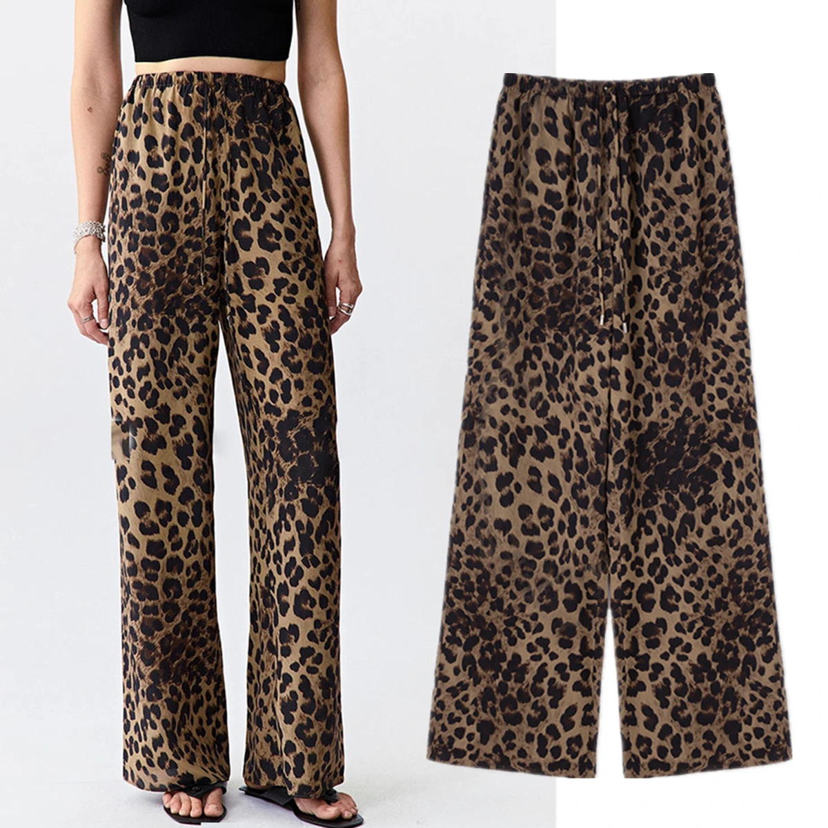 

Maxdutti Minimalist Women's Pants And Trousers Casual Pants French Lazy Loose Double Crepe Mulberry Silk Paris Leopard Pants