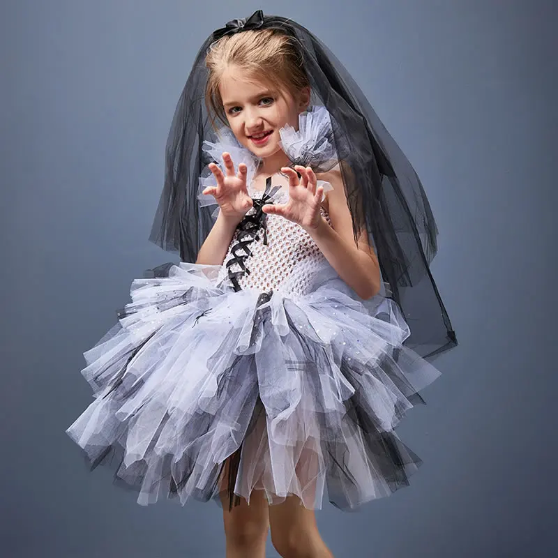 Halloween Graveyard Bride Costume For Girl Ghost Bride Tutu Dress Kid Lace Frock+Veil Headband 2pc Set Child Party Tunic Cloth