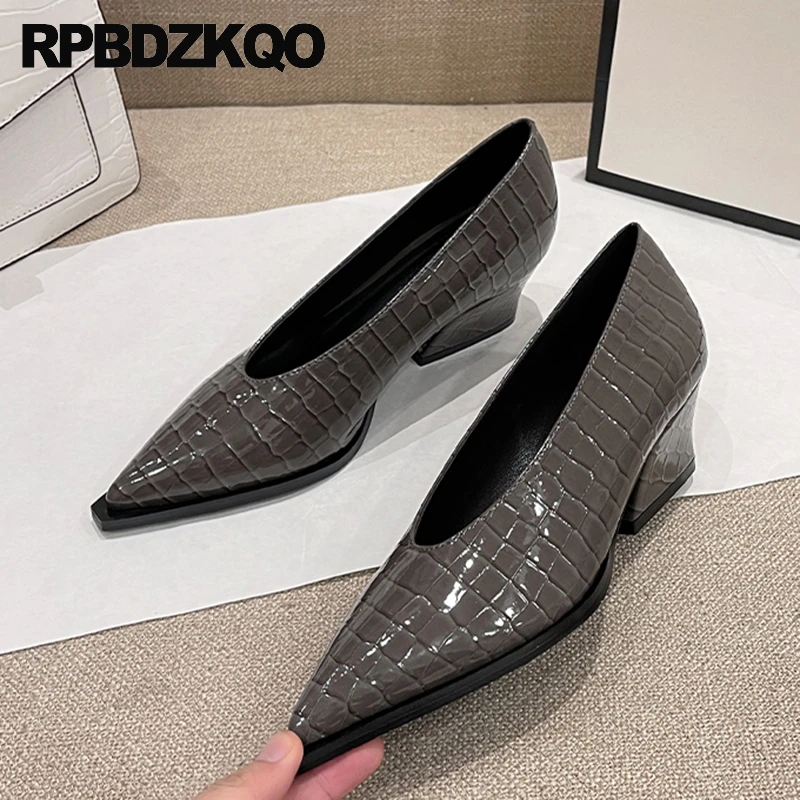 

Snakeskin Winkle Picker Slip On Block Snake Skin Pumps Shoes Court 34 Python Leather Patent Cow Medium Heel Women Pointy Toe