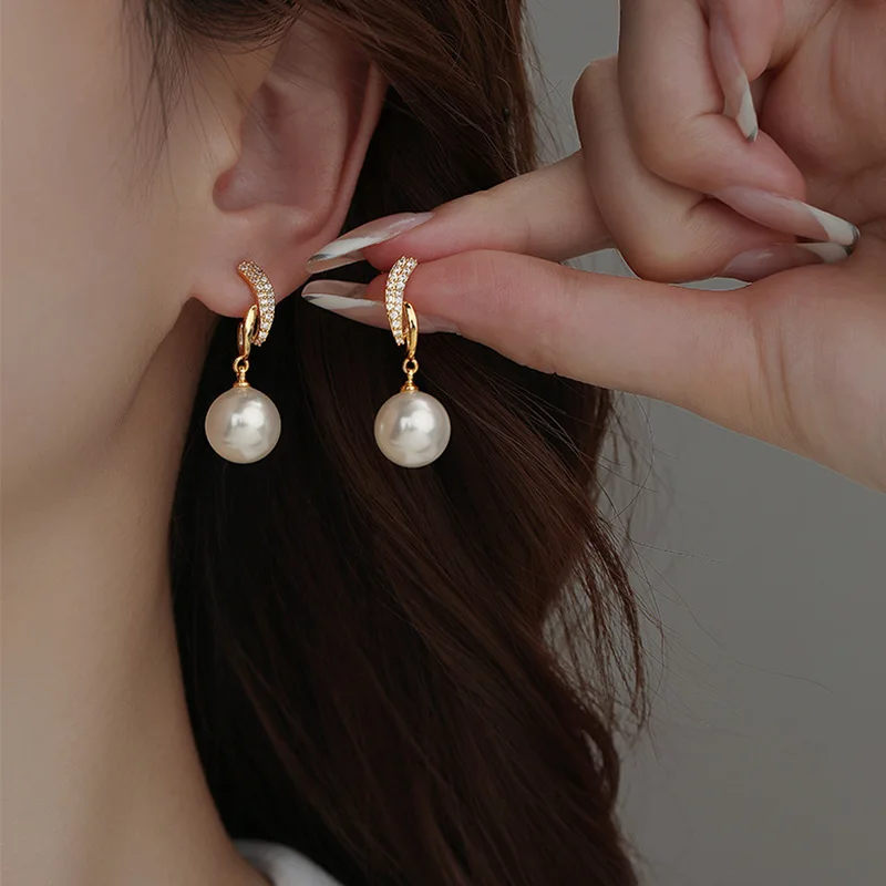 925 Sterling Silver Pearl Drop Earrings for Women Shiny Zircon Curved Hook Dangle Earrings Elegant Wedding Party Jewelry Gift