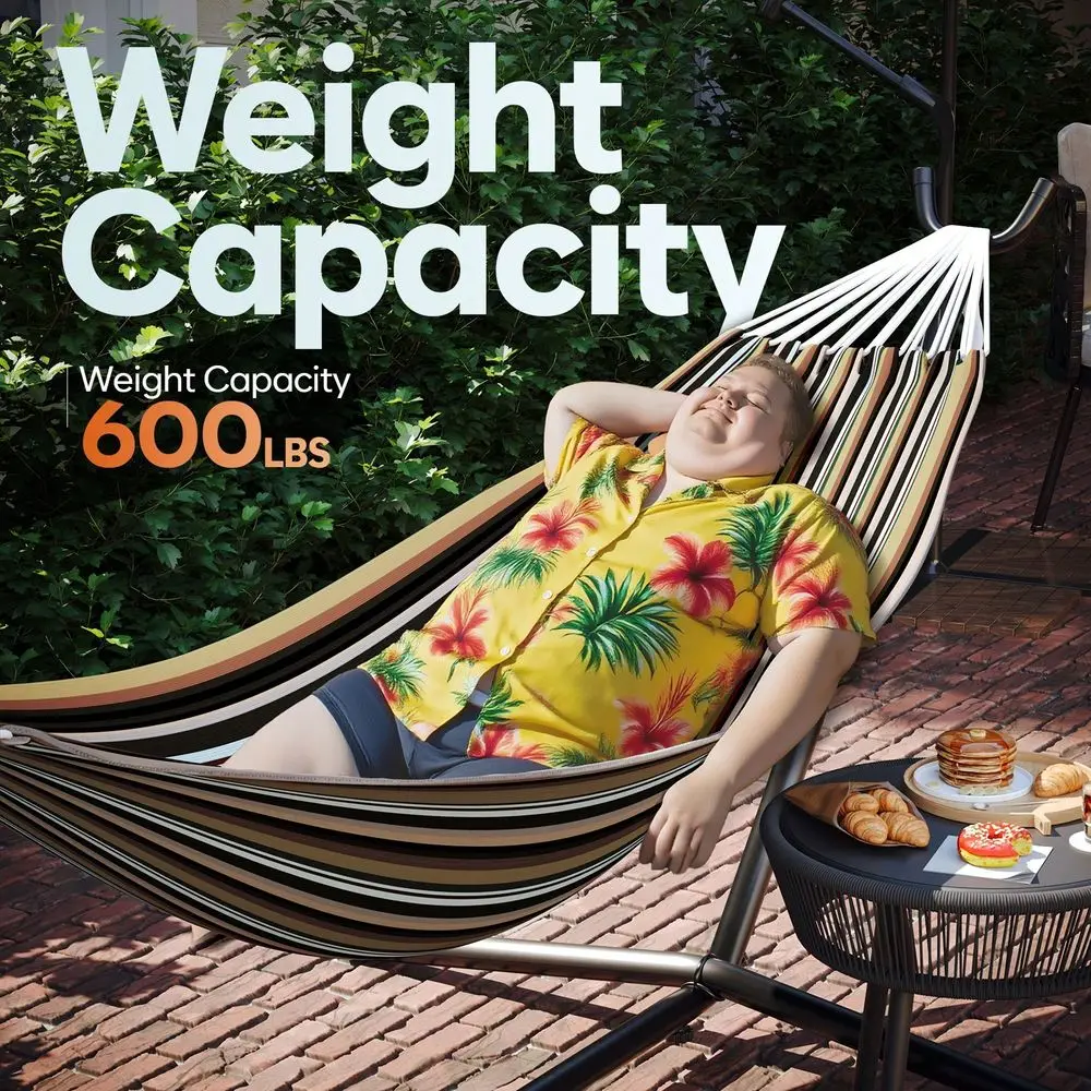 Outdoor Double Hammock With Stand ,Include Space-Saving Steel Frame, 600- Pound Load Capacity, Patio Swing Withstand, Carry Bag, Suitable For Seaside, Courtyard, Garden,Terrace, Indoor