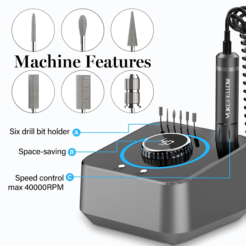 Máquina elétrica de unhas 40000rpm, kit de lixa de unhas profissional, baixa vibração com função de memória para polimento de unhas acrílicas