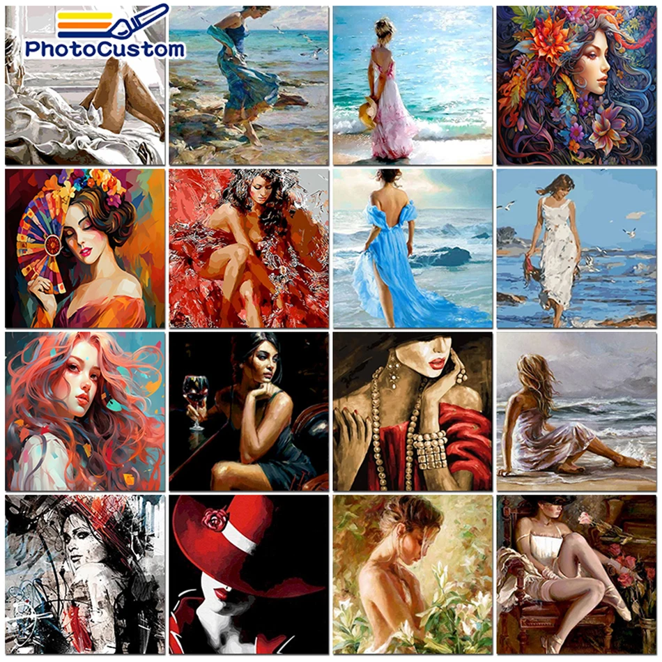 PhotoCustom Painting By Numbers Woman Set Acrylic Paint For Adults Sea Figure DIY Frame Drawing Coloring By Numbers Decoration