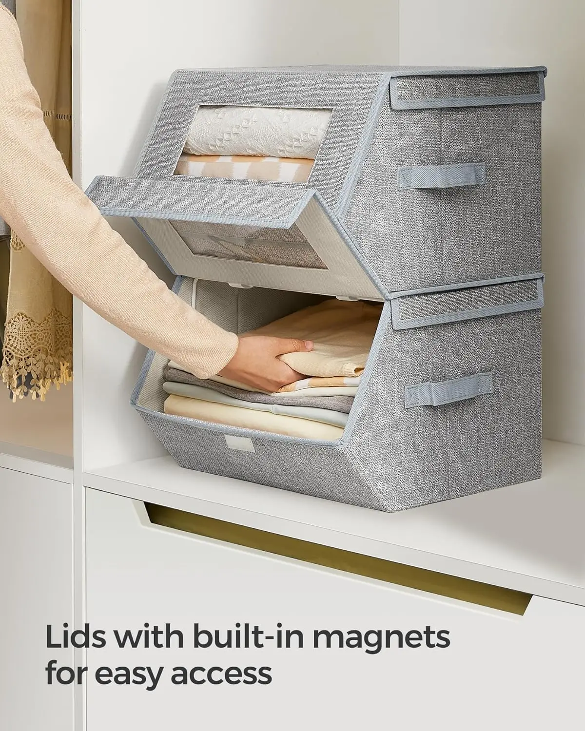Stackable Storage Bins Set of 2, Storage Boxes with Lids and Front Windows, Non-Woven Fabric Closet Organizers with Magnetic Clo