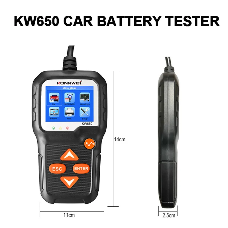 KW650 Car Motorcycle Battery Tester 6V 12V Auto Battery System Analyzer 100-2000CCA Car Quick Cranking Charging Diagnostic Tool