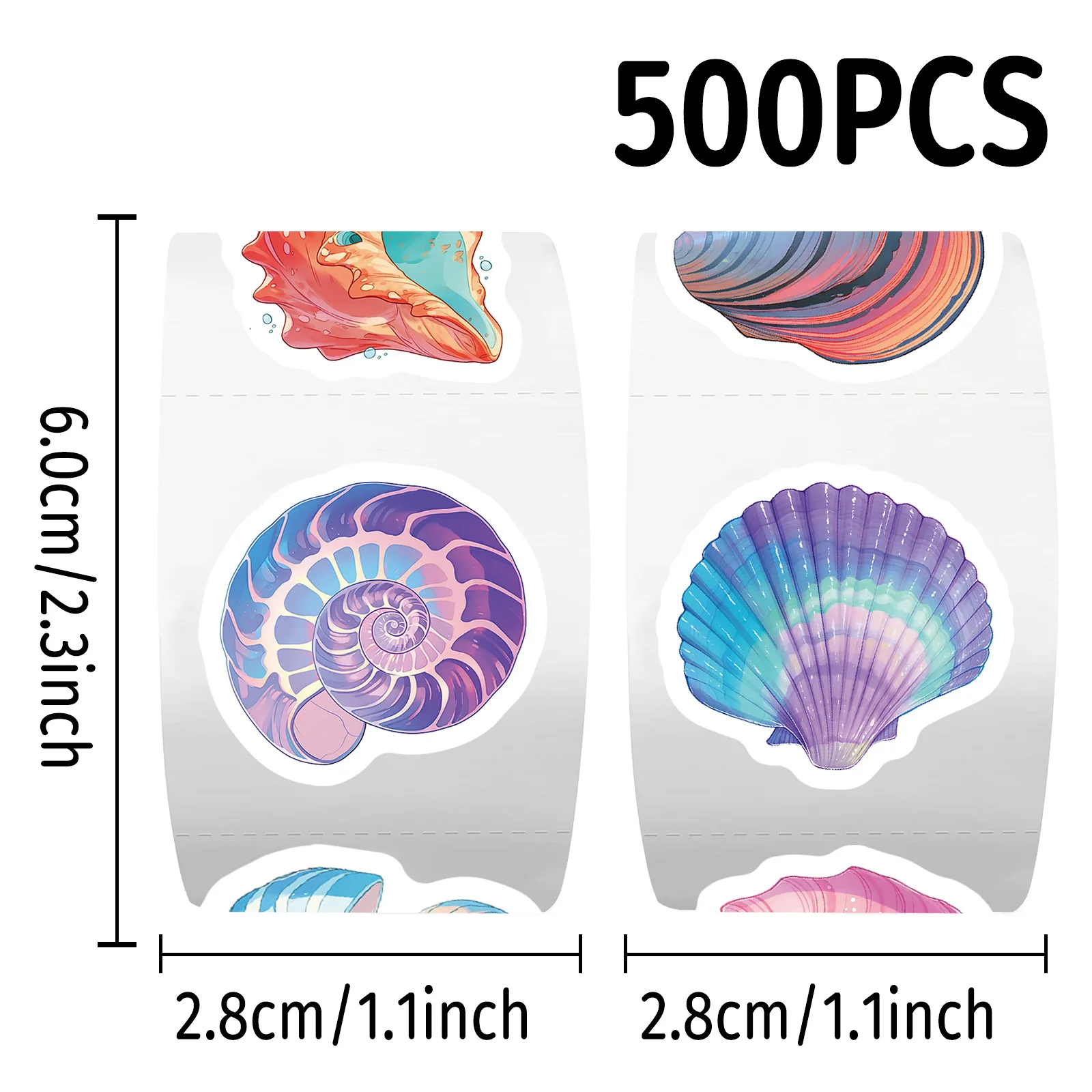 500 uds/rollo de pegatinas de sellado de caracol de mar de color océano, hermosas conchas, rollo de pegatinas de dibujos animados, taza de equipaje DIY, teléfono, guitarra, juguetes para niños