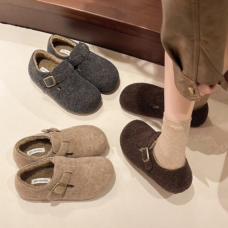 

Женские фетровые сабо с пряжкой, уютные тапочки на подкладке, пушистая обувь, повседневная обувь на плоской подошве, женские туфли без шнуровки, лоферы в стиле ретро