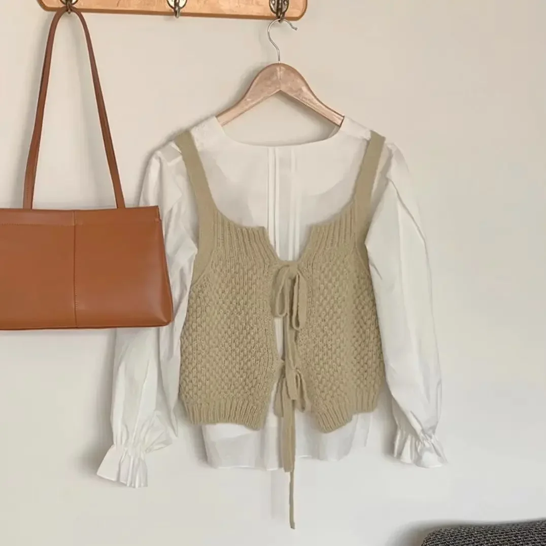 Korean Autumn Vintage Knitted Sweater Vest Women Round Neck Sweater Sleeveless Korean Chic Outside Waistcoat Pullover Tank Tops