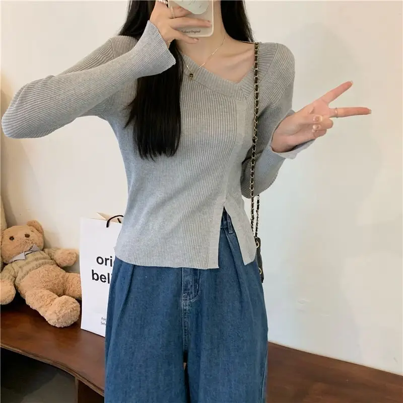 New Irregular Slit Design Careful Machine Base Knit Sweater Design Slim Fit Niche Top