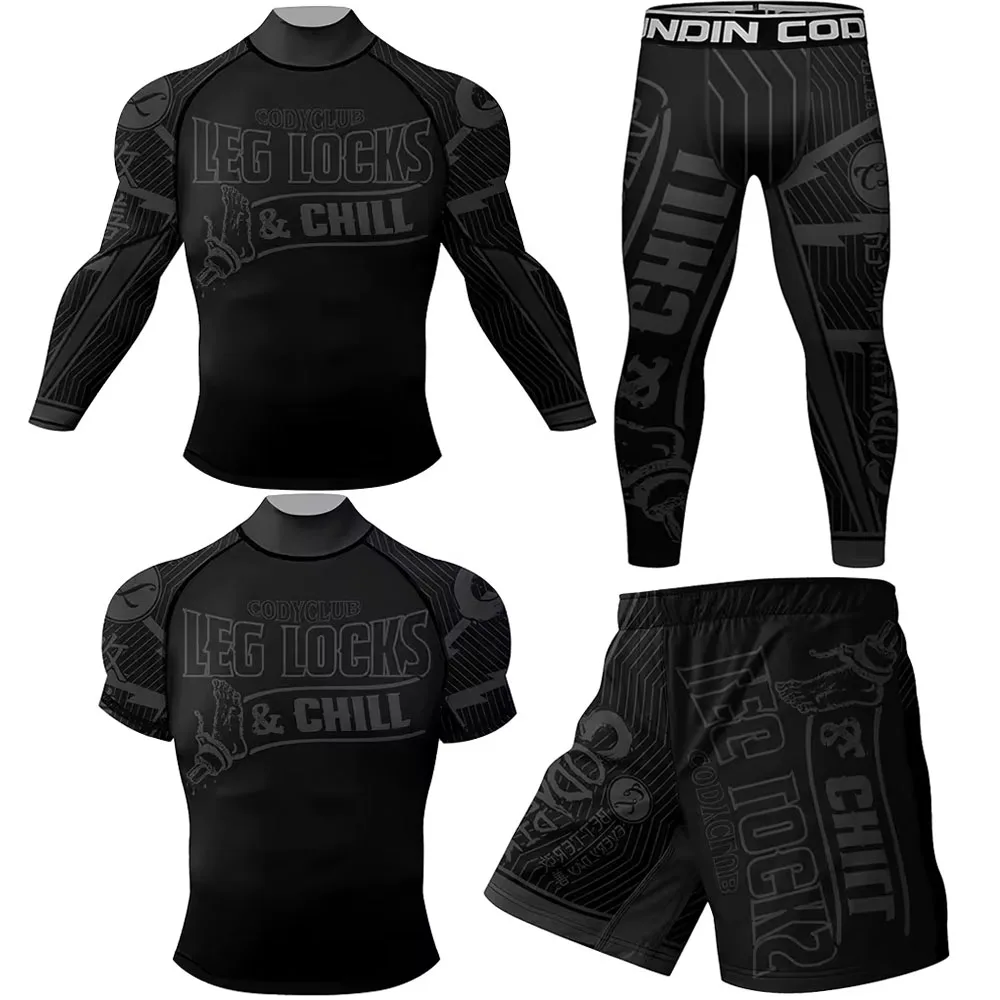 

Spandex/Nylon Black Jiujitsu Rashguand MMA T-shirt+Leggings Pant Sets Bjj Boxing Compression Shirts Sportswear Muay Thai Shorts