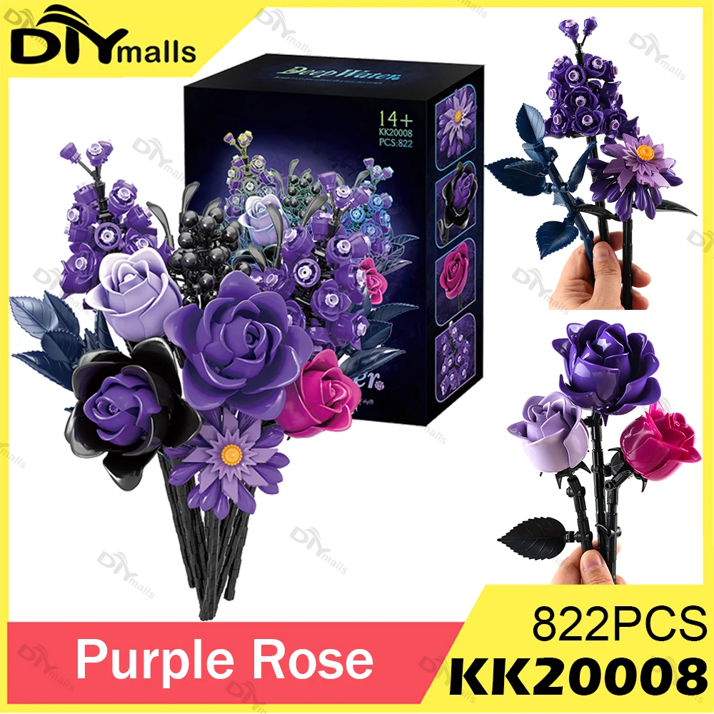 

Purple Rose Gothic Bouquet Building Blocks Flowers Artificial Flowers Botanical for Home Decor Valentines Mother's Day Gift