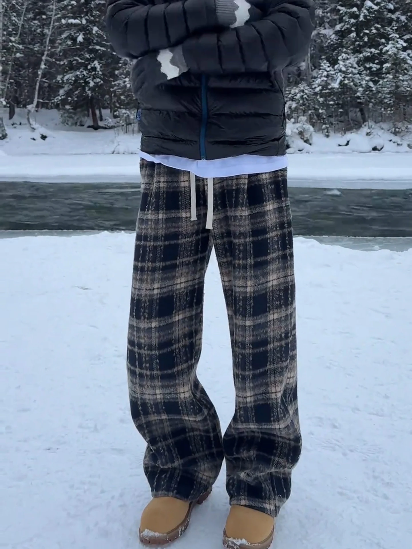 American Style Men's Winter Plaid Fleece Lined Woolen Pants High Waist Extended Length Straight Leg Micro Flared Casual Trousers