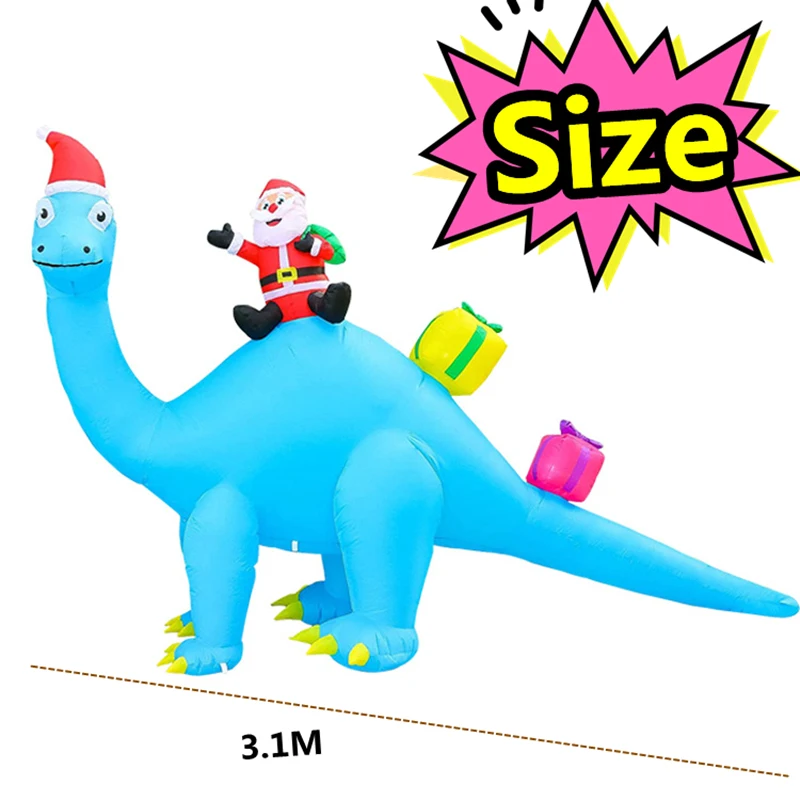 3.1M Long Christmas Inflatable Blue dinosaur carrying Santa Claus with Gift LED Lights Outdoor Courtyard Holiday Decorative Prop