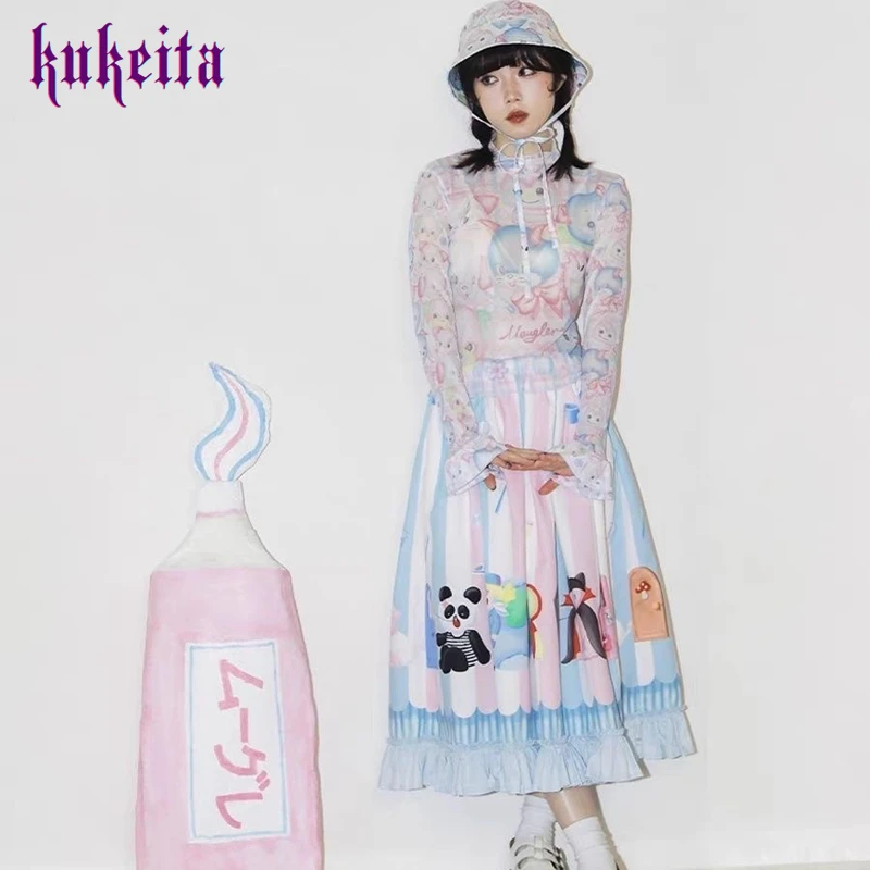 Kukeita Harajuku Y2K Women Kawaii Midi Skirt Japanese Sweet Lolita Pink Blue Striped Cartoon Print Ruffles A Line Long Skirt