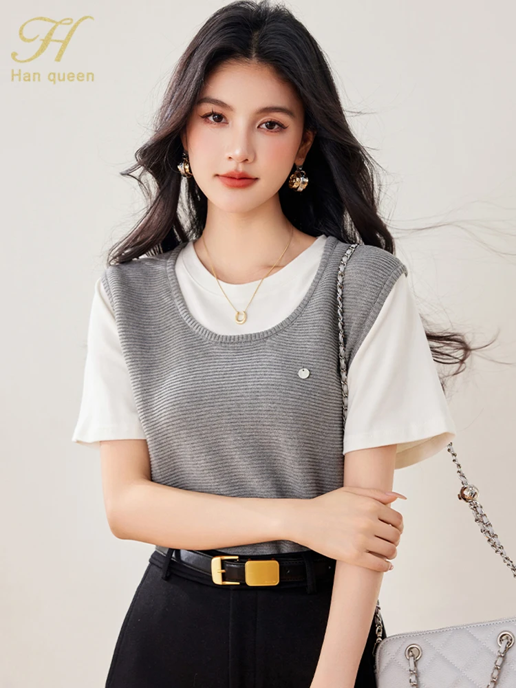 

H Han Queen Female Clothing Chic Colorblocking Vintage Simple Short Sleeve T-Shirt Summer Tops Korean Chic Casual Knitting Tees