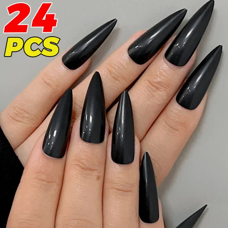 24Pcs Black Long Stiletto False Nails with Jelly Glue Artificial Fake Nail DIY Full Coverage Nail Tips Manicure Decoration Tools