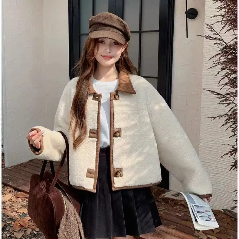 

Женская двусторонняя замшевая куртка 2025 года, осенне-зимняя, утепленная, с интегрированным мехом, корейский стиль