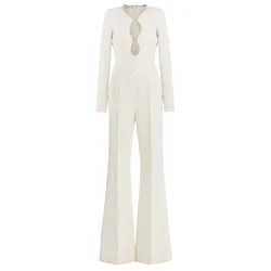 2024 New Designer White Jumpsuit Fashion Heart Shaped Hollow Inlaid Diamond Beaded Long Sleeve Elegance Flare Pants Jumpsuit