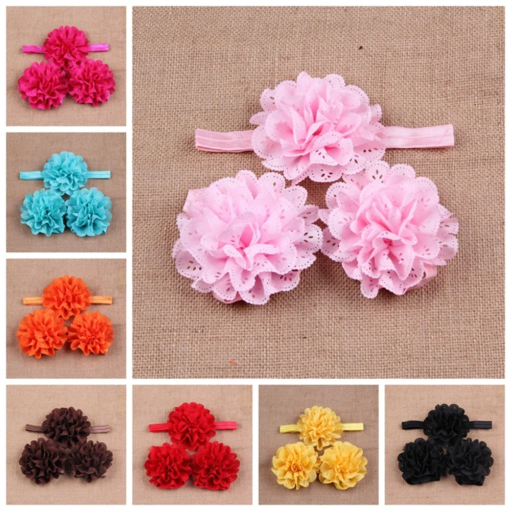 3pcs/lot Soft Solid Color Newborn Elastic Headband Chiffon Floral Child Barefoot Sandal Shoe Set Baby Girls Accessories Gifts