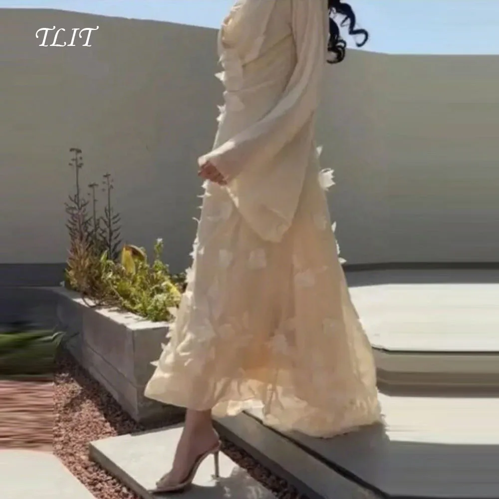 

TLIT Sexy Ivory Chiffon Appliques Evening Dresses Strapless Pleats Long Sleeves Prom Gowns Customized For Saudi Arabic Women