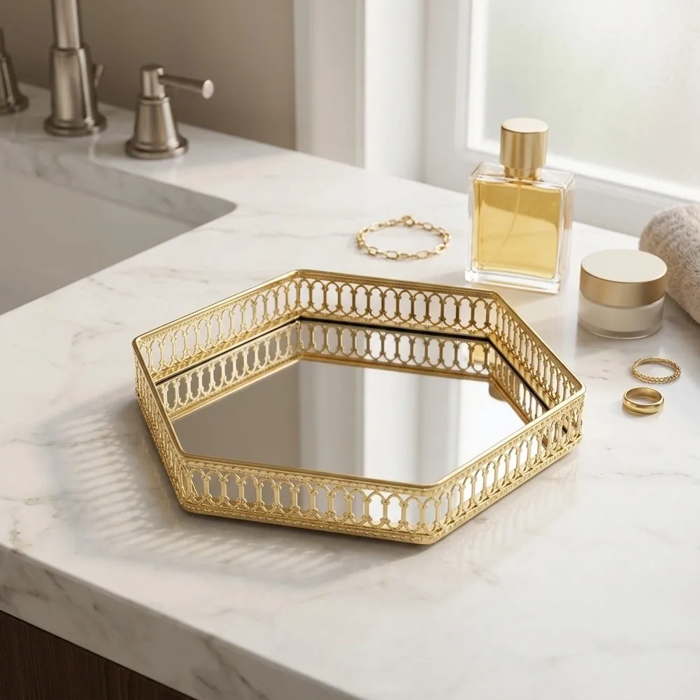 Gold Elegant Mirror Vanity Tray, Perfume Jewelry And Makeup Display Tray, Decorative Storage Organizer For Dresser And Bathroom