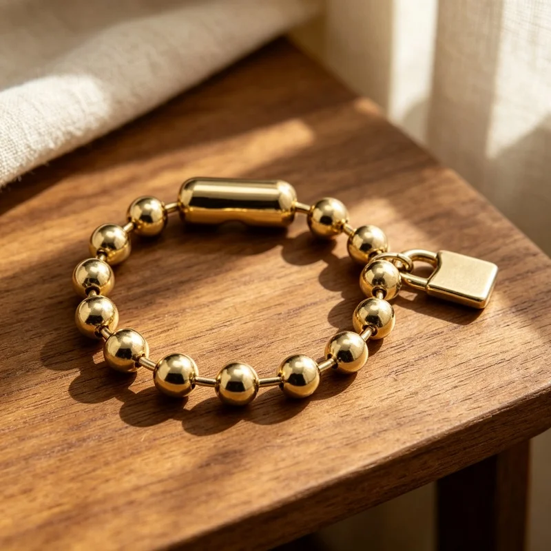 Gold Plated Brass Beaded Bracelet with Padlock Charm for Women, Stylish Golden Charm Bracelet for Trendy Everyday Wear