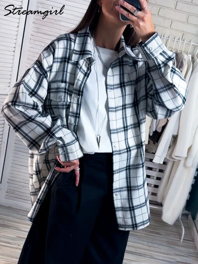 Vintage Oversize Plaid Shirt For Women Long Orange Plaid Tops Oversized Blouse Orange Women\' s Loose Plaid Shirts Long Sleeve