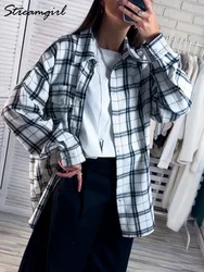 Summer Outerwears Women's Plaid Shirt Oversized Blue Retro Long Sleeve Blouse Khaki Plaid Shirt Black And White Loose Blouse