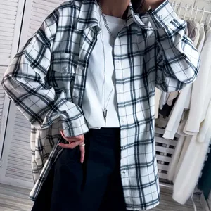 Quần áo của phụ nữ cờ vua, áo sơ mi kẻ sọc quá khổ cổ điển cho phụ nữ áo dài màu cam áo cam quá khổ Phụ nữ áo sơ mi lỏng lẻo kẻ sọc dài tay 12 Quần áo bán hàng chính Orange - 3