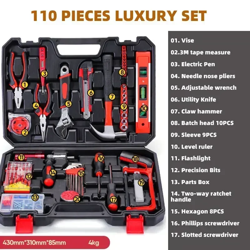 Professional Woodworking Complete Toolbox Hand Tools Set Electrician Tool Box Kit Home Metal Car Repairs Combination Toolkit