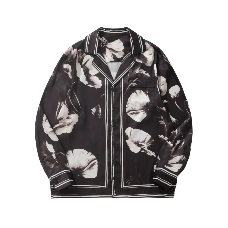 

Мужская рубашка с кубинским воротником из шелка, с длинным рукавом, весна-осень, высококачественная, с цветочным принтом, повседневная, роскошная, свободного кроя, дышащая