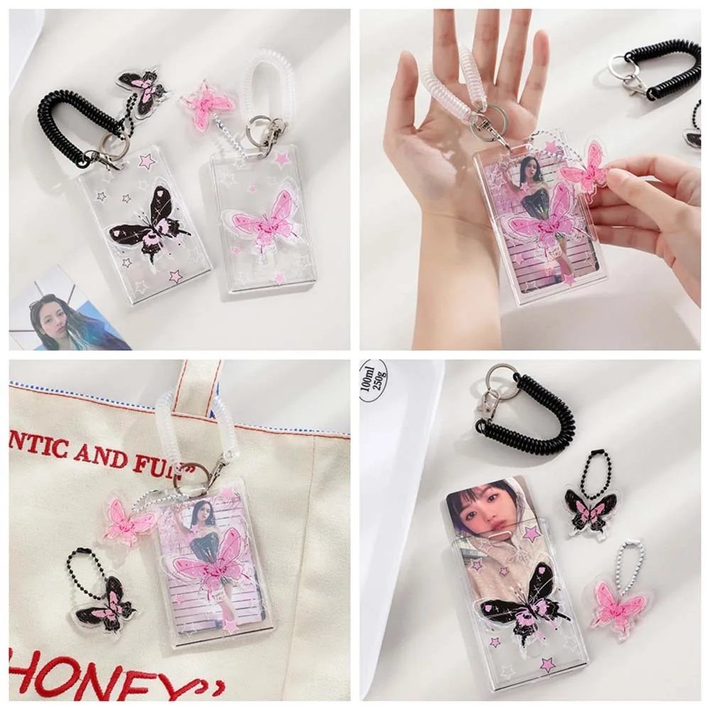 Card Sleeve Transparent Photocard Holder with Pendant ID Card Cover Butterfly Photo Protective Case Black Pink Acrylic