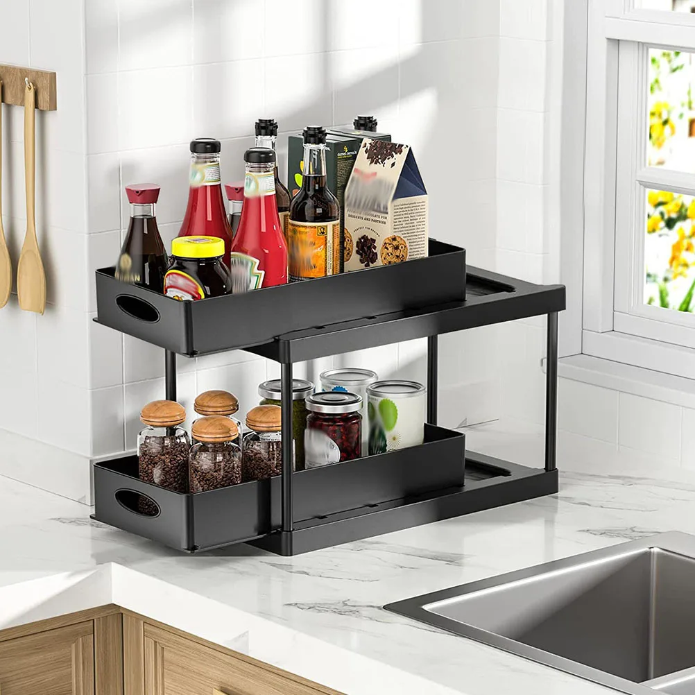 

2-Tier Under Sink Storage Organizer Rack Sliding Cabinet Shelf For Kitchen Bathroom Countertop Spice Jar Holder Multipurpose