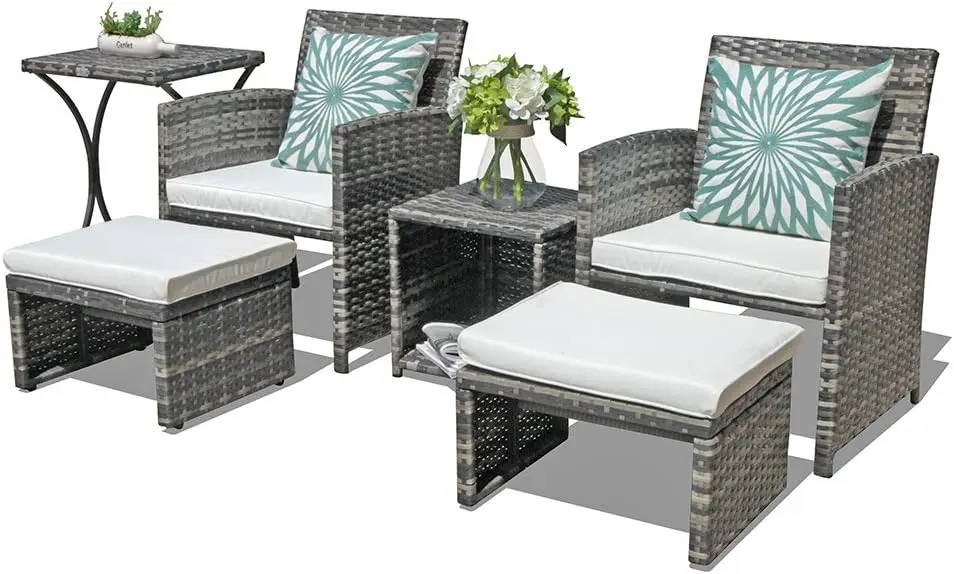 6 Piece Patio Furniture Conversation Set with Ottoman, Outdoor Grey Wicker Chair and Table Set, Balcony Furniture