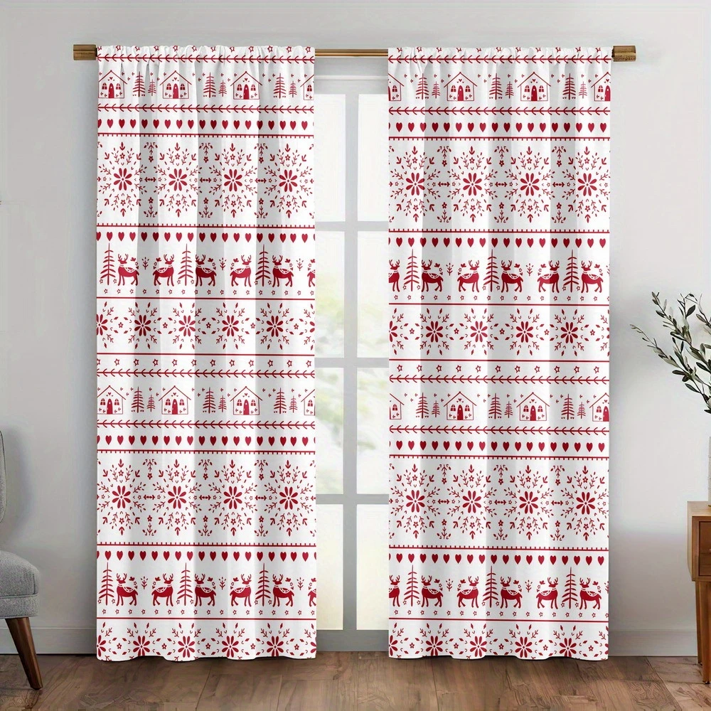 Red White Nordic Christmas Knit Deer Curtains, Rod Pocket, Polyester, Home Decor, Bedroom Living Room, Sweater Decor, Home Decor