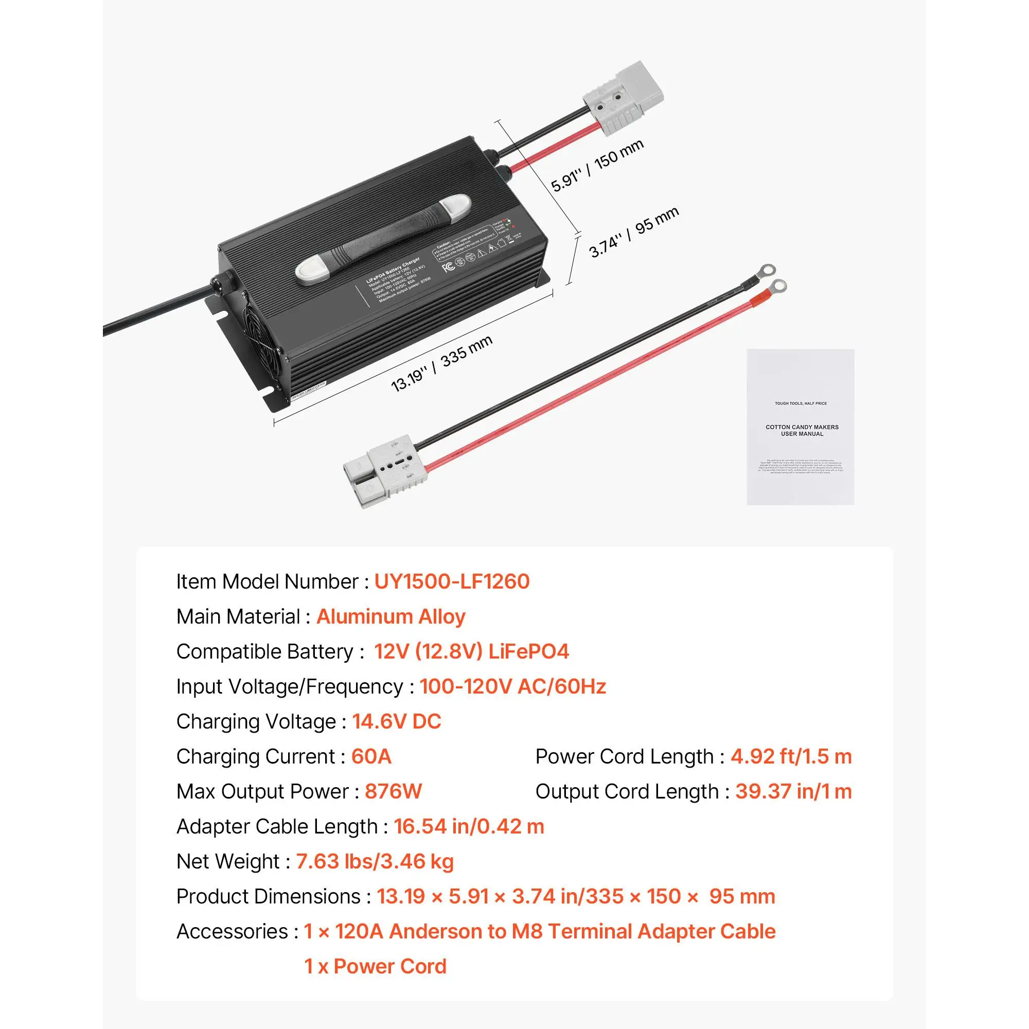 12V 60A Lithium Battery Charger, 14.6V, AC-DC LiFePO4 Smart Charger, with Anderson Connector, LED Indicator, 0V Activation, for Lithium LiFePO4 Deep Cycle Rechargeable Batteries of Boat, RV