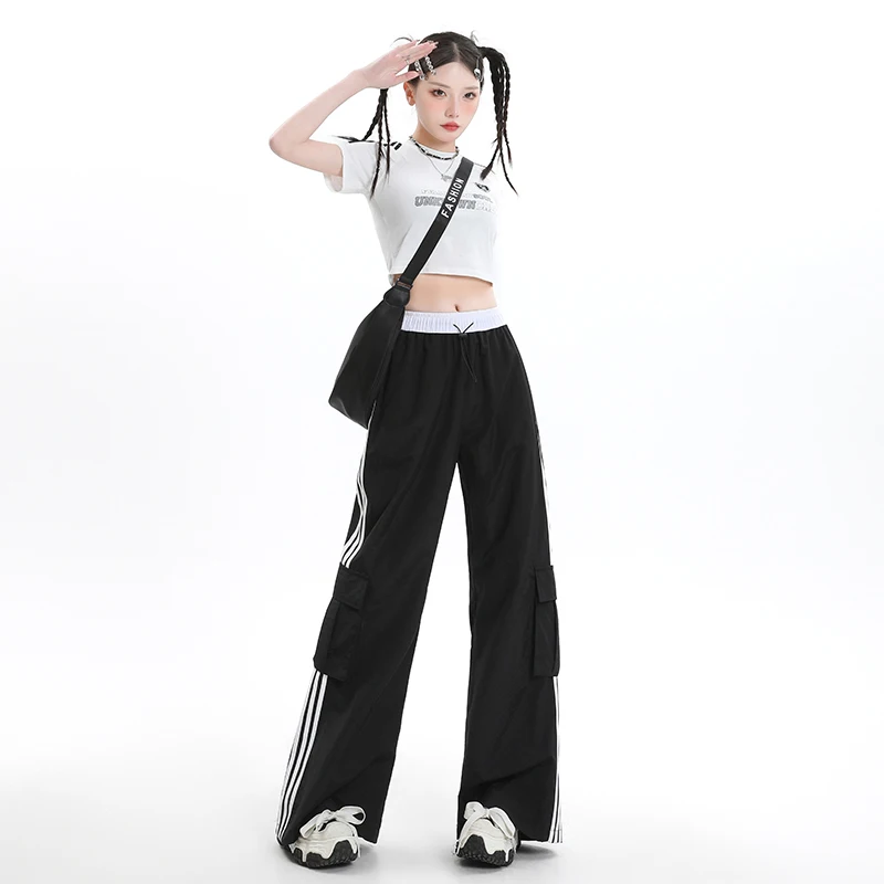 

Быстросохнущие рабочие брюки для женщин, спортивные рабочие брюки в американском стиле с полосками, унисекс, свободные, широкие, прямые, для уличных танцев.