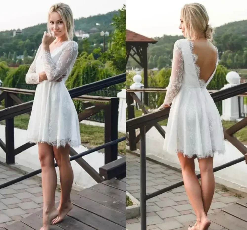

Chic V Neck Lace Short Wedding Dresses A Line Backless Beach Bridal Gowns For Bride Long Sleeves Applique Vestidos De Noiva 2024
