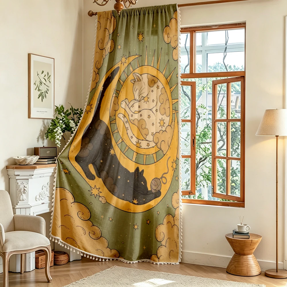 1PC Vintage Tassel Sheer Curtains, Antique Clock Gear, Digital Print, Linen Polyester, Bedroom Living Room Office, Rod Pocket