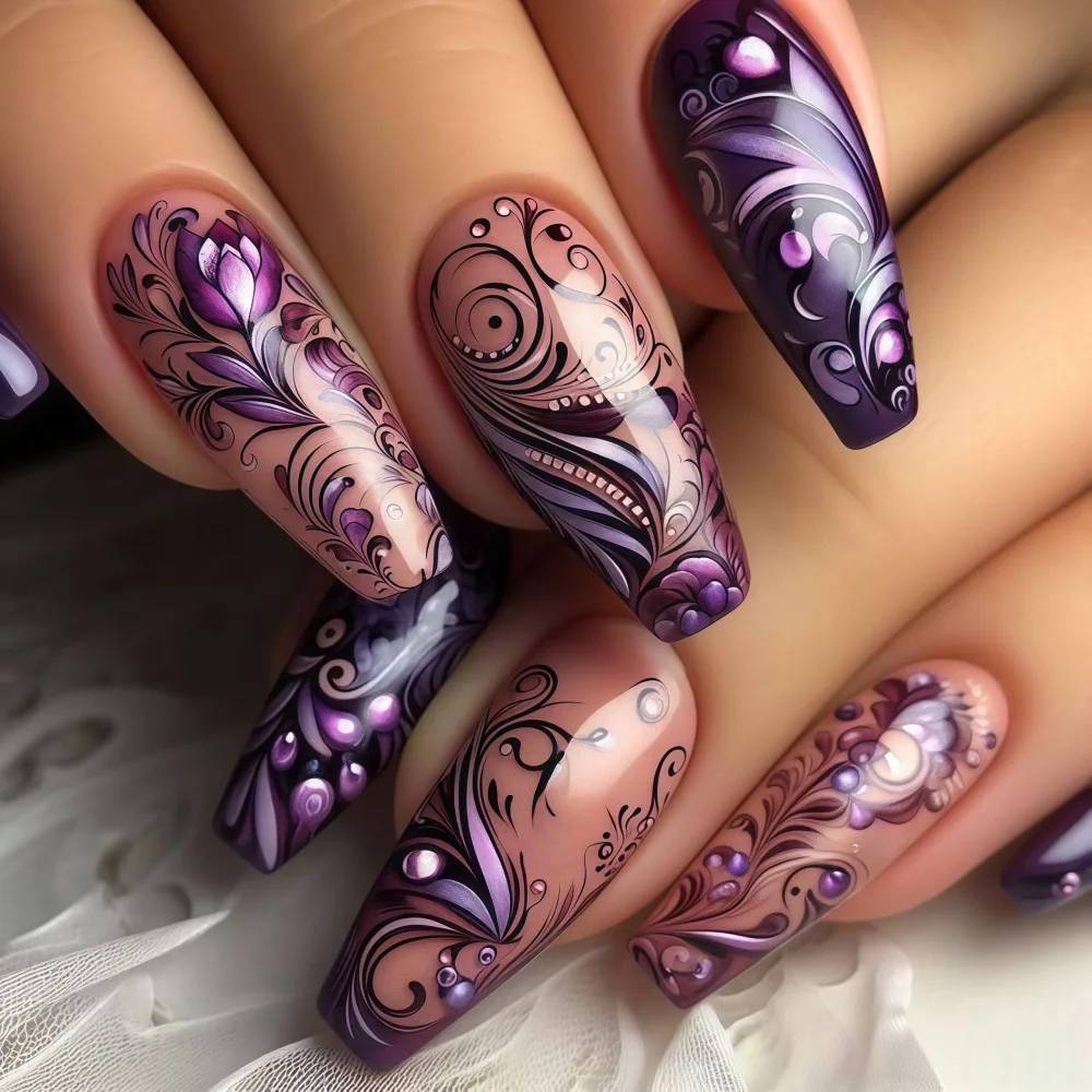 Medium fake nails for women girls fashion purple black flora strips design full cover ballet nail tips press on false nail art