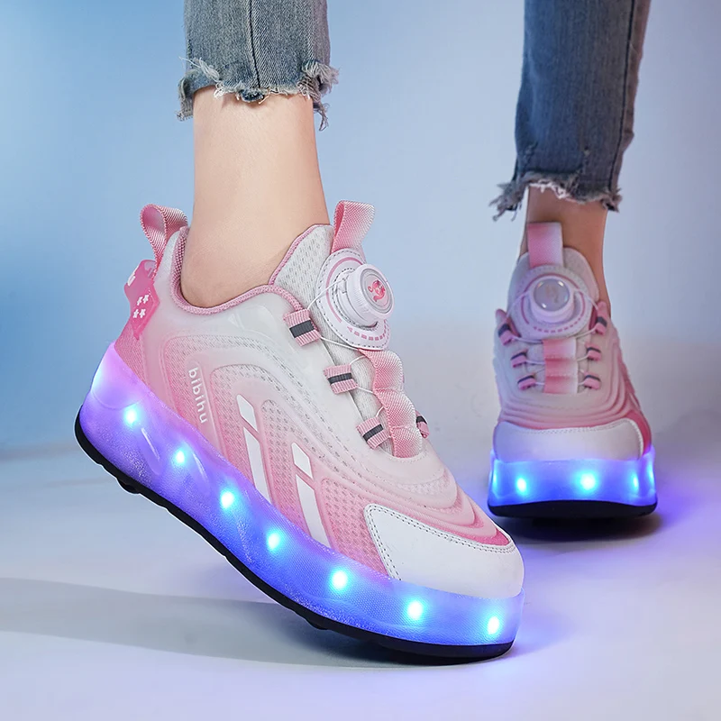 

Fall Boys' Cool Roller Sneakers: No-Tie 4-Wheel Retractable Skates, Kids' Student Wheeled Shoes