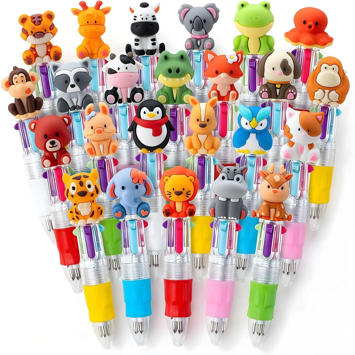 

4-in-1 Safari Animal Pens Bulk for Kids, Cute Ballpoint Pens with Assorted Ink for Birthdays and Party Favors, 24Pcs