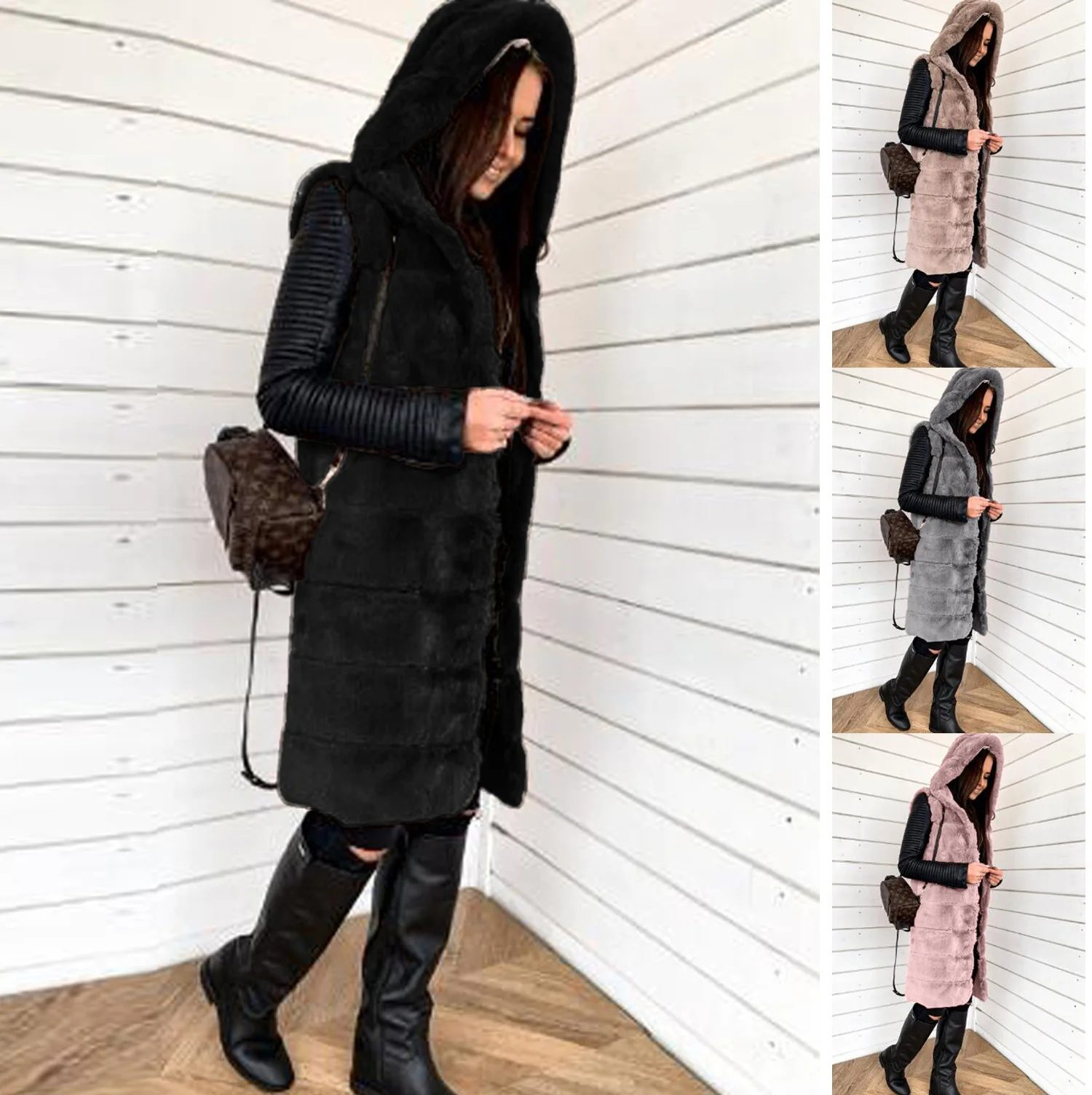 Hooded Women's Spring Autumn Faux Fur Vest Autumn Winter Cape Versatile Mid-Long Fur Collar Fluffy