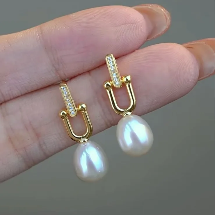 Lingzhi Wu-natural pearls earrings, high quality, original, geometric, 6A, strong light 925 silver