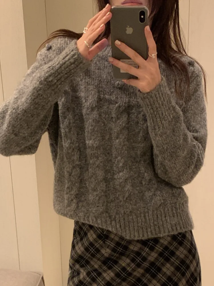 Retro Twisted Knit ort Pullover Damen Winter Neues Design Sensation 3D Ball Ball Gestricktes IRT Top Frühling Herbst Winter