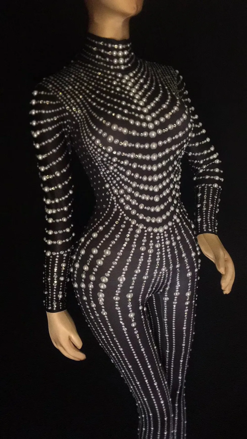 

Party bar Outfit show bodysuit Sexy black Pearls Jumpsuit birthday Nightclub show singer dance Costume